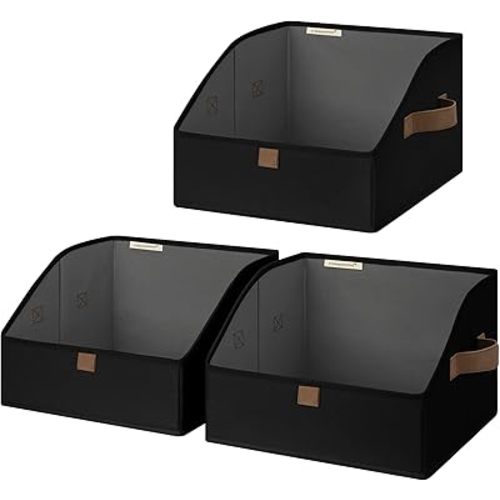 StorageWorks Closet Storage Bins, Trapezoid Organizer Box for Shelves, Fabric Clothes Bin, Foldable Organizing Baskets with Handles, Small, Black, 3-Pack