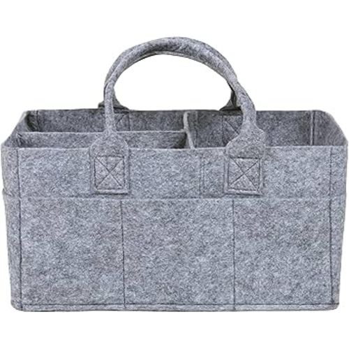 Sammy & Lou Collapsible Light Gray Felt Storage Caddy, Divided Design To Keep Diapers, Wipes And Changing Items Organized, Two Handles, 11.5"D x 6"W x 8"H