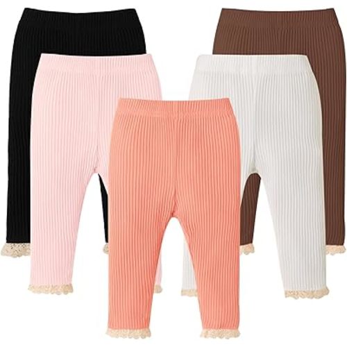 DREAM BUS 5 Pack Baby Girl Pants Toddler Girl Solid Ribbed Pants with Lace Trim Newborn Cotton Leggings Infant Jogger Pants