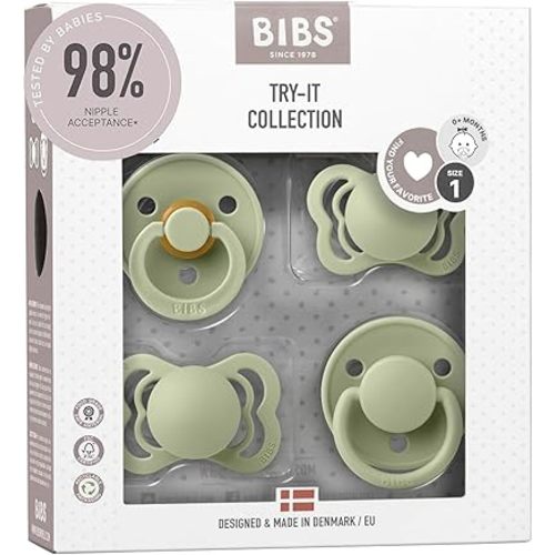 BIBS Soothers Includes Colour, De Lux, Couture and Supreme Soothers | BPA-Free Natural Rubber Pacifier & Silicone | Made in Denmark | Try-it Collection (Sage, 0-6 Months)