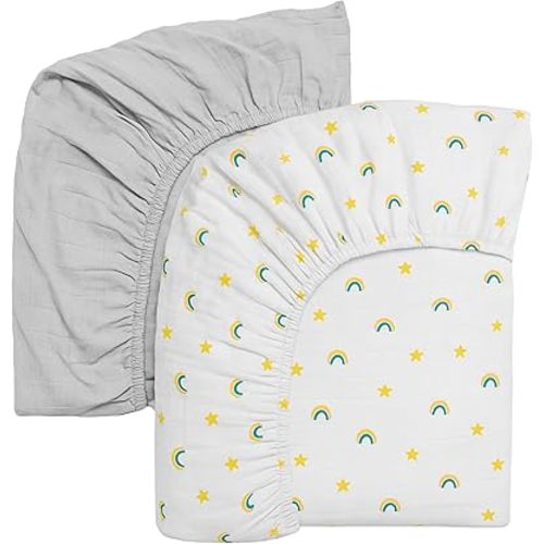 Salt Earth 100% Organic Cotton Muslin Standard Fitted Crib Sheet, 52"x28", 2 Pack Soft Breathable Natural Cotton Sheets Baby Mattress Bed Sheets, No Slip Neutral Baby Crib Sheet (Silver & Rainbow)