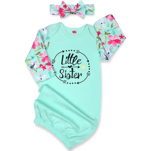 Baby Gown 0-6 Months Newborn, Super Soft Breathable Baby Nightgowns, Little Sister Nightgowns Coming Home Infant Gown with Headband Set Mint Green