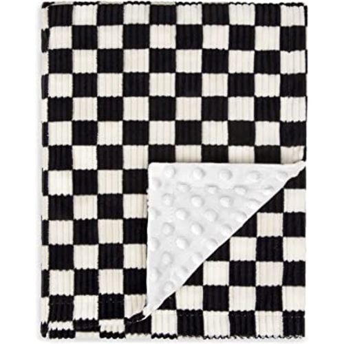 Baby Blanket for Boys Comfy Durable Corduroy Toddler Blanket with Double Layer Dotted Backing Checkerboard Grid Chessboard Gingham Warmer Bed Blankets for Newborn Infants Black, 30x40 Inches