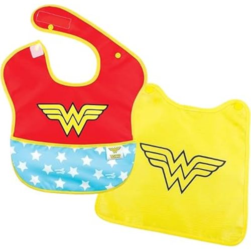 Bumkins Bib for Girl or Boy, Baby and Toddler for 6-24 Months, Essential Must Have for Eating, Feeding, Baby Led Weaning, Mess Saving Waterproof Soft Fabric, SuperBib with Cape, Wonder Woman DC Comics