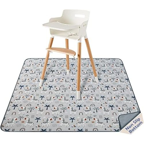 Blissful Diary Baby Splat Mat for Under High Chair, 50.4 x 50.4 Inch Wipeable Splash Mat, Waterproof and Washable, Anti-Slip Floor Protector, Gray Zebra