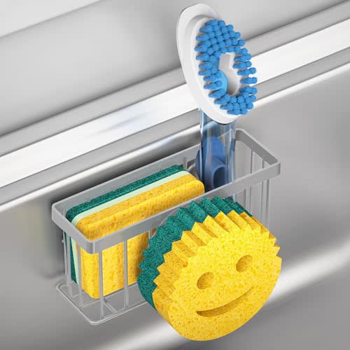 MURLONG Sponge Holder Smiley Face, Sink Caddy for kitchen Sink, Sponge Holder with 2 PCS Suction Cups/1 PCS Adhesive Strips, Designed for Sponge, Soap, Dish brush, Scrubber-Gray