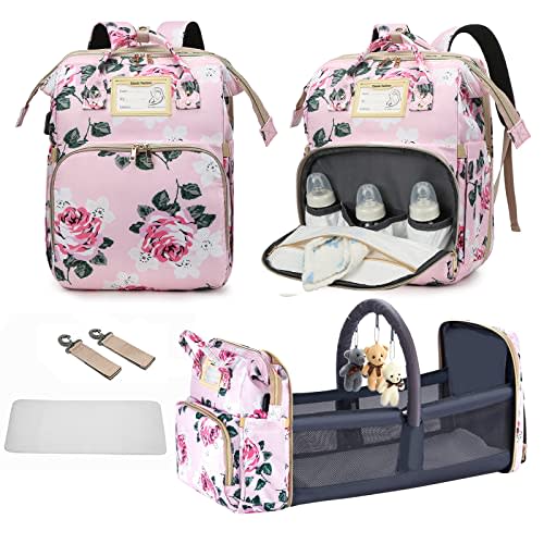GurZinn Diaper Bag Backpack with Changing Station, Foldable for Bady Toddler, 3 in 1 Large Capacity Newborn Essentials Organizer with Stroller Hook for Girls and BoysPink