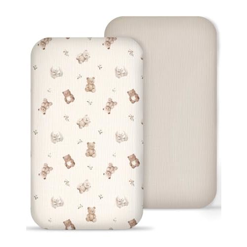 Muslin Bedside Bassinet Sheets 2 Pack, 33" X 20", (Teddy & Friends) | For Baby Boys and Girls; Fits Rectangle Bedside Mattresses; Machine Washable.