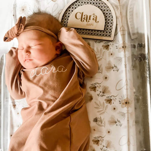 Personalized Stitched Newborn Baby Knot Gown | Warm Neutrals
