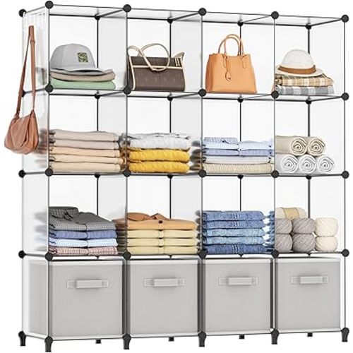 HOMIDEC Closet Organizers and Storage, 16 Cube Storage Organizer, Closet Organizer Bookshelf Cubes Shelves for Clothes, Bedroom, Kids Room, Bathroom, Wardrobe, Garment Racks, Transparent
