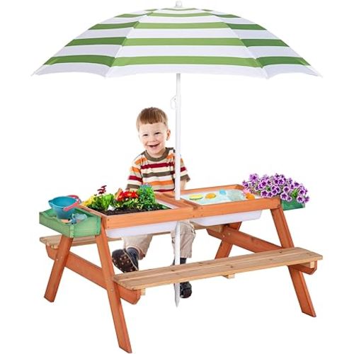 Kids Picnic Table, Outdoor Wooden Table w/Adjustable Umbrella & Garden Bed, 4-in-1 Sand & Water Activity Table w/Built-in Bench & Removable Boxes, Patio, Backyard