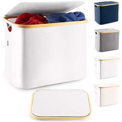 LONBET 13 Gal. Collapsible Laundry Baskets With Lid & Breathable Fabric Aesthetic Laundry Hamper with Bamboo Frame, Usable as Storage Bins with Lids & Toy Box for Easy, Efficient Sorting, Light Gray