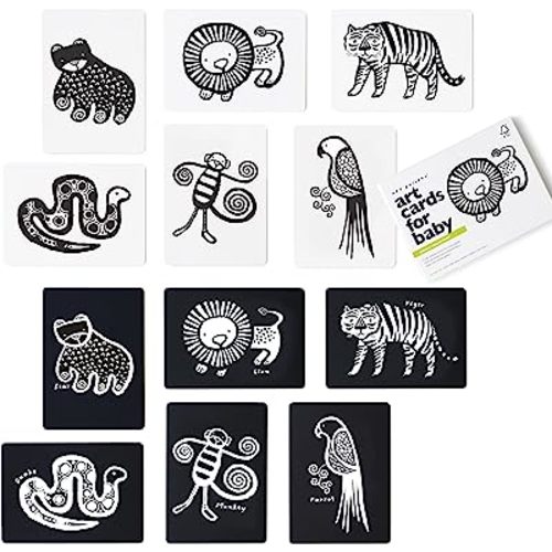 Wee Gallery Black and White Animal Art Cards for Babies, Durable High Contrast Vision Cards, Brain Development Educational Learning Tool for Newborn, Infant, Baby, Toddler - Jungle Animals