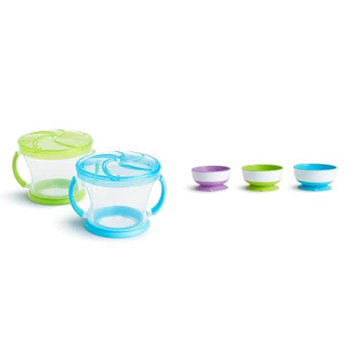 Munchkin® Snack Catcher® Toddler Snack Cups, 2 Pack, Blue/Green & Stay Put™ Suction Bowls for Babies and Toddlers, 3 Pack, Blue/Green/Purple