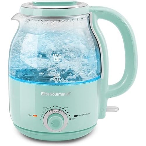 Elite Gourmet EKT1220M 1.2L Electric BPA-Free 1200W Glass Kettle, Temperature Dial Keep Warm Function, Cordless 360° Base, Blue LED Interior, Auto Shut-Off Function – Quick Boil, Mint