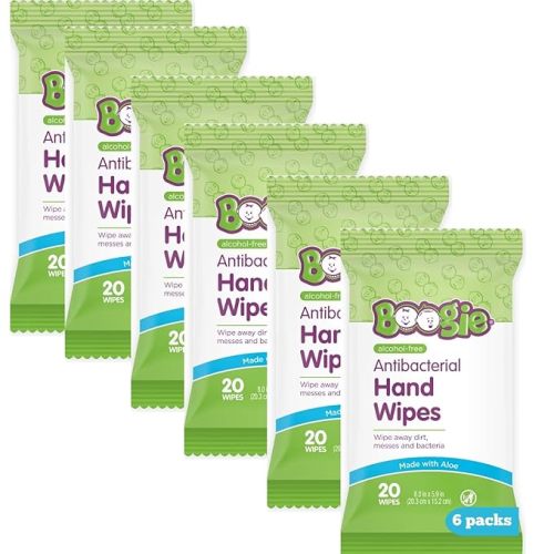 Boogie Antibacterial Hand Wipes by Boogie, Alcohol Free, Hypoallergenic and Moisturizing Aloe, for Kids and Adults -100 Total Wipes (5 Packs of 20)