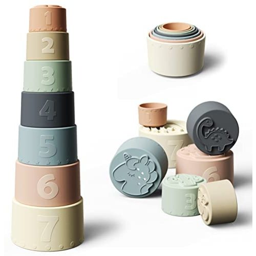 Moonkie Baby Stacking Cups Toy, Fun Educational Stack Up Cup Silicone Soft Teething Toy - Fine Day
