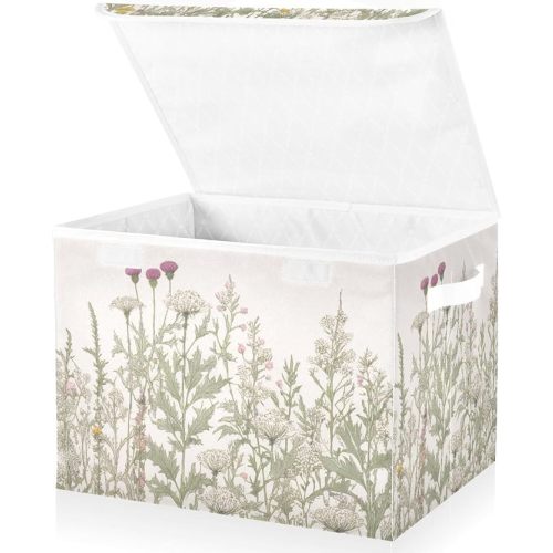 xigua Vintage Colorful Herbs and Wild Flowers Floral Storage Bins with Lids and Carrying Handle,Foldable Storage Boxes Organizer Containers Baskets Cube with Cover for Home Bedroom Closet Office