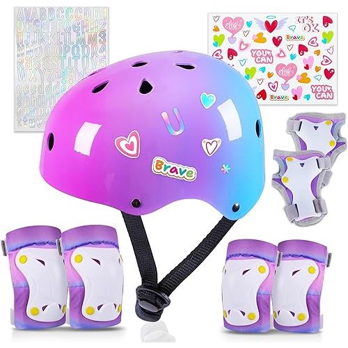 Kids Helmet, Toddler Bike Helmet with DIY Stickers Unicorn Knee Pads and Elbow Pads Set Adjustable Protective Gear Set for Girls Age 3-5-8 Years fit Roller Skates, Bicycle, Skateboarding, Scooter