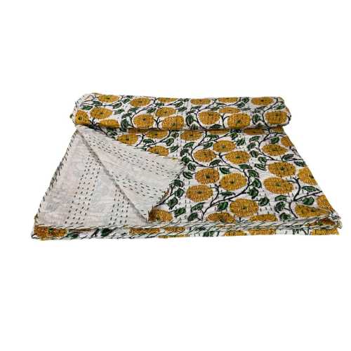 Marigold floral handmade Kantha quilt bedspread throw, vintage gudari blanket, cotton printed kantha, Kantha Bedspread, USA Twin/Queen size