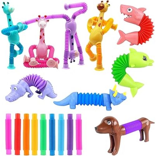 Kryfa Telescopic Suction Cup Giraffe Toys, Sucker Pop Tube Giraffe, Stretchy Giraffe Suction Toy, Animals Pop Tube Sensory Toy for Kids 4-8, 8-12 (18 PCS)