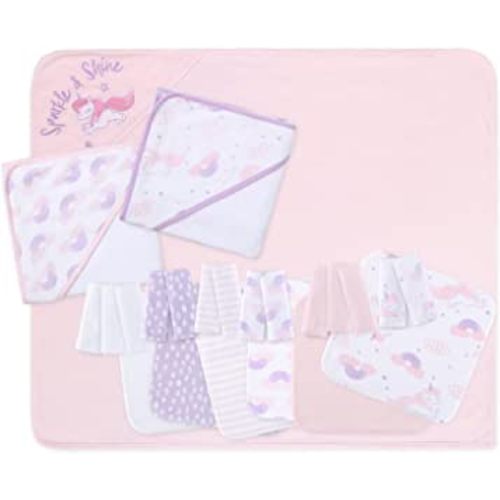The Peanutshell Baby Bath Towel & Wash Cloth Set in Pink/Purple/White, 23 Pieces, Unicorn & Rainbow