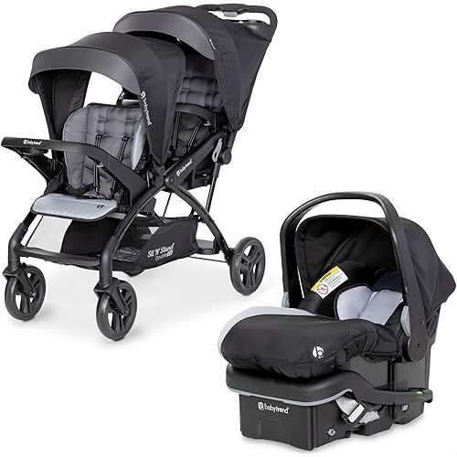 Baby Trend Infant and Toddler Double Stroller & Car Seat Combo, 2 Pc Set, Stormy - Lightweight and Compact Travel Stroller and Carseat Tandem for Babies, Infants, and Toddlers