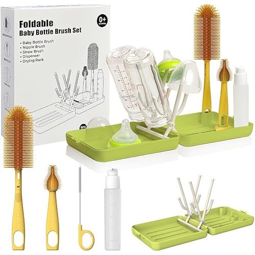 YOTIME Travel Bottle Brush, Travel Bottle Cleaner Kit with Foldable Bottle Drying Rack, for Visit Friends and Relations, Baby Travel Essentials, BPA Free, Green