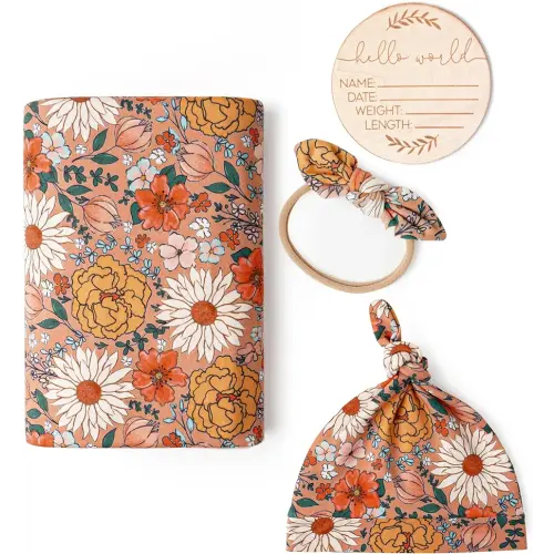 Konssy Baby Girl Newborn Receiving Blanket with Matching Headband and Beanie Set Baby Swaddle Floral Print Nursery Swaddle Wrap
