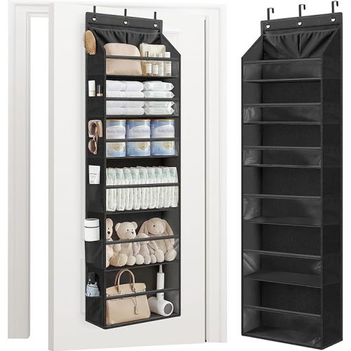 STORAGE MANIAC Over the Door Organizer 6-Shelf Closet Hanging Storage with 14 Mesh Pockets, 66lbs Capacity Clear Deep Pockets Behind Door Storage for Nursery, Bathroom, Bedroom, 1 Pack Grey