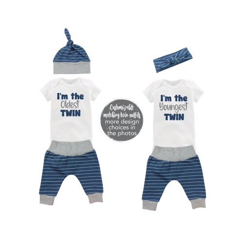 Twin Boy Matching Outfits Baby Coming Home Blue Stripes Womb Mates Miracles Twins Friends Newborn Infant Gift Set Baby Shower Gift Name