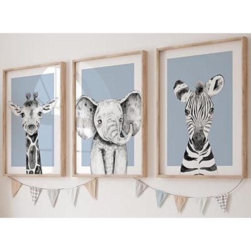 Safari Animals Baby Girl Boy Set of 3 Nursery Unframed Prints, Bedroom Decor Wall Art Posters, Black and White Elephant Giraffe Zebra, Blue Background (11x14)