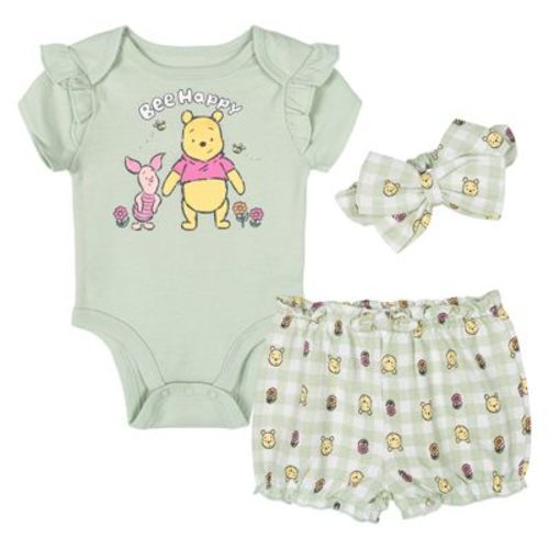 Disney Winnie the Pooh Newborn Baby Girls Bodysuit, French Terry Bubble Shorts and Headband 3 Piece Outfit Set Gingham Sage Green 0-3 Months