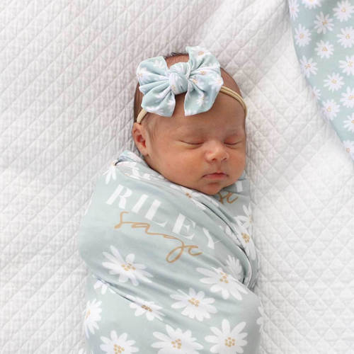 Soft Green Daisy Personalized Swaddle Blanket