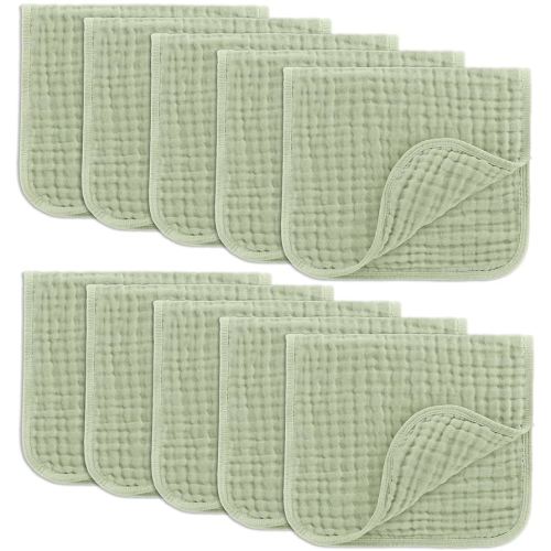 Comfy Cubs Muslin Burp Cloths 20" x 10", Pack of 10 - Large, 6-Layer, Ultra Absorbent 100% Cotton for Baby Drool and Messes - Soft, Safe & Gentle Baby Burp Cloths for Boys & Girls - Sage