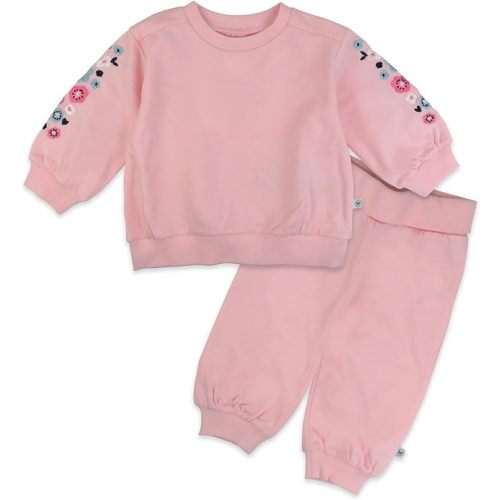 HonestBaby baby-girls 2-piece Cozy Sweatsuit With Embroidered Sleeve 100% Organic Cotton for Infant Baby and Toddler, Girls