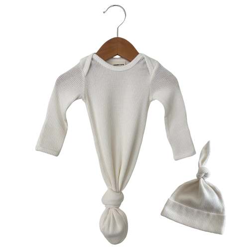 Organic Waffle Knotted Gown & Hat Set, Winter White