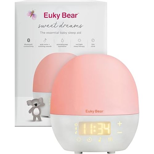 Euky Bear Sweet Dreams Sleep Aid - Pink Noise and Soothing Sounds with Red Light Therapy and Aromatherapy Humidifier, Helps Babies Relax and Sleep Better from Birth