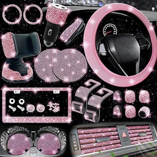 NBTEPEM 27 PCs Pink Bling Car Accessories Set for Women, Steering Wheel Covers Universal Fit 15 Inch, Bling License Plate Frame, Bling Phone Holder, Bling Car Coasters (Pink Diamond)
