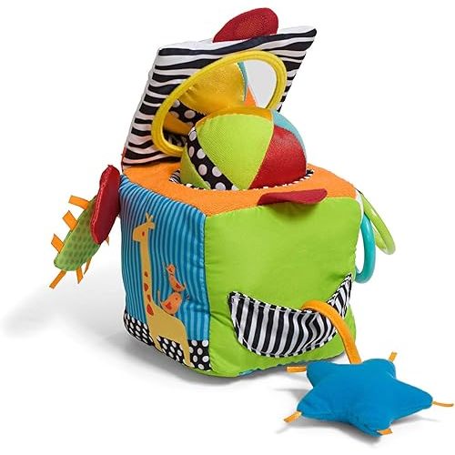 Infantino Peek & Seek Discovery Cube - Soft Development Toy, Peek-A-Boo Mirror, Clacker Rings, Crinkle & Rattle Sounds - Sensory Play, Ages 3 Months +