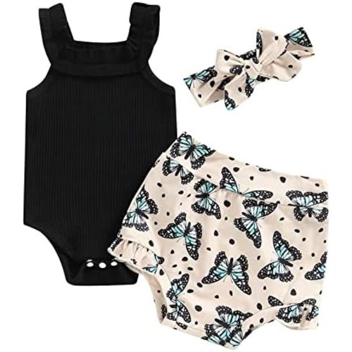 3pcs Toddler Girls Summer Outfits Ribbed Halter Crop Top Romper Bodysuit +Floral Bloomer Shorts+Headband Clothes Set