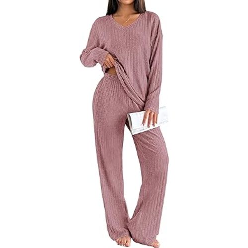 Ekouaer Lounge Sets for Women Long Sleeve Knit Ribbed Pajama Sets 2 Piece Casual Loungewear with Pockets