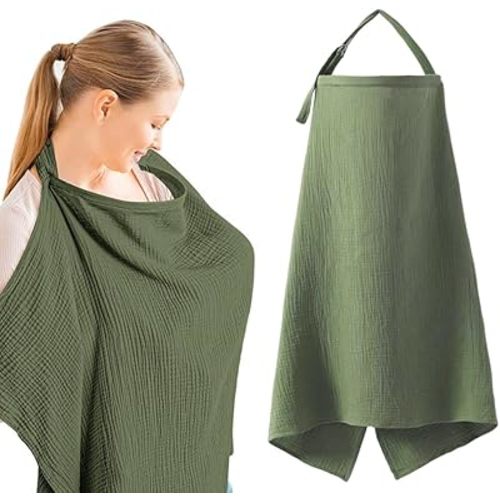 Muslin Nursing Cover for Breastfeeding, Soft&Breathable Cotton Privacy Nursing Covers with Arch Neckline Adjustable Hoop (Olive)