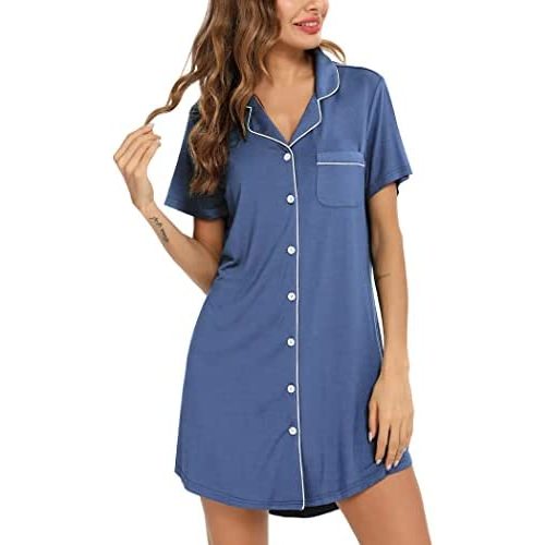 Samring Pajama Nightgown for Women Short/Long Sleeve Button Down Nightwear Top Boyfriend Sleep Shirts Nightdress S-XXL
