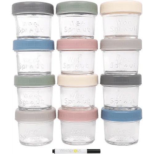 WeeSprout Glass Baby Food Storage Jars w/Lids (4 oz, 12 Pack Set) Snack, Puree, Reusable Small Containers, Breast Milk, Fridge or Freezer, Microwave & Dishwasher Safe, Essential Must Have for Infants