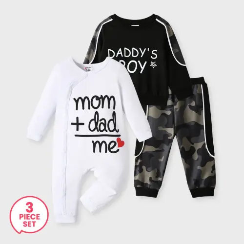 3-Piece Baby Boy Casual Camouflage Sweatshirt and Pants and Letter Print Jumpsuit Set
