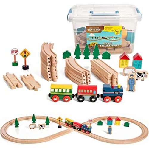 Wooden Train Set 100 Piece All in One Wooden Toy Train Tracks Set with Magnetic Trains and Railway Accessories, Comes in A Clear Container, Compatible with All Major Brands