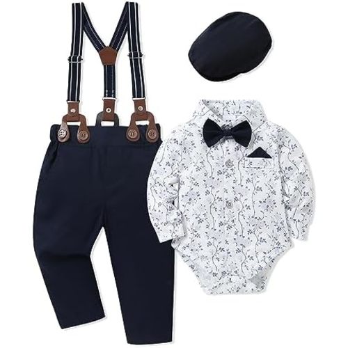 WESIDOM Baby Boy Clothes 0-18M Newborn Infant Gentleman Outfit, Shirt+Bowtie+Beret+Suspender Pant Baby boy Suit Clothing Set