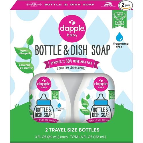 Dapple Baby Fragrance-Free Baby Bottle & Dish Soap - (2 Pack) 3 fl oz - Plant-Powered Cleaner for Bottles, Pump Parts, and Sippy Cups - Travel Size