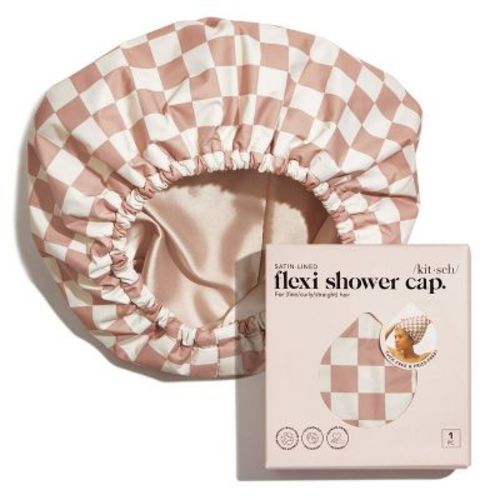 Kitsch Satin Lined Flexi Shower Cap - Terracotta Checker: Securing Hair, For All Hair Types